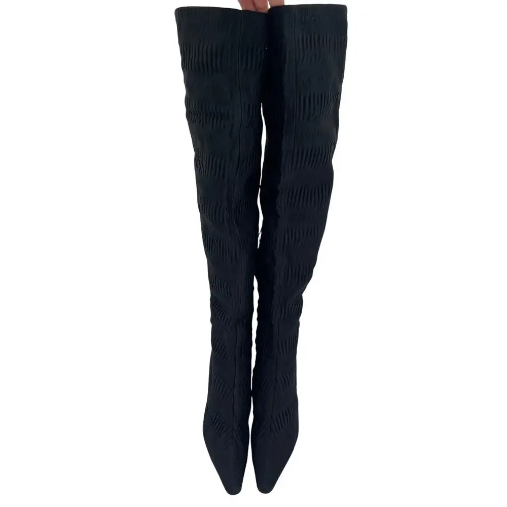 Gucci F/W 1999 Tom Ford Era Black Ruched Textured OTK Stiletto Boots IT 37.5